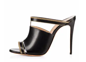 Carpaton 2018 Verão as mulheres do dedo do pé aberto mulas sapatos de metal decoração de couro envernizado com salto alto sandálias, chinelos e sapatos casuais 0