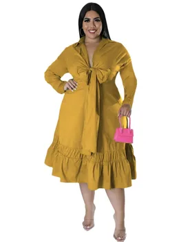 5XL Plus Size Vestidos Para Mulheres Laço na Cintura Alta Vestes Outono Novo Sólido Plissado de Retalhos de Streetwear Oversize Vestido Longo 2022