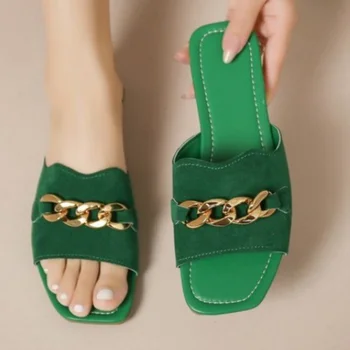 2022 Verão Nova Mulher Chinelos de quarto Moda Corrente de Metal Plana Sapatos para Mulheres Sandálias de Dedo do pé Aberto Sapatos Casuais Slides Mulheres Sapatos de Senhora